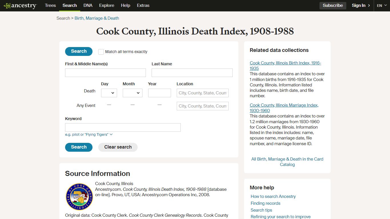 Cook County, Illinois Death Index, 1908-1988 - Ancestry